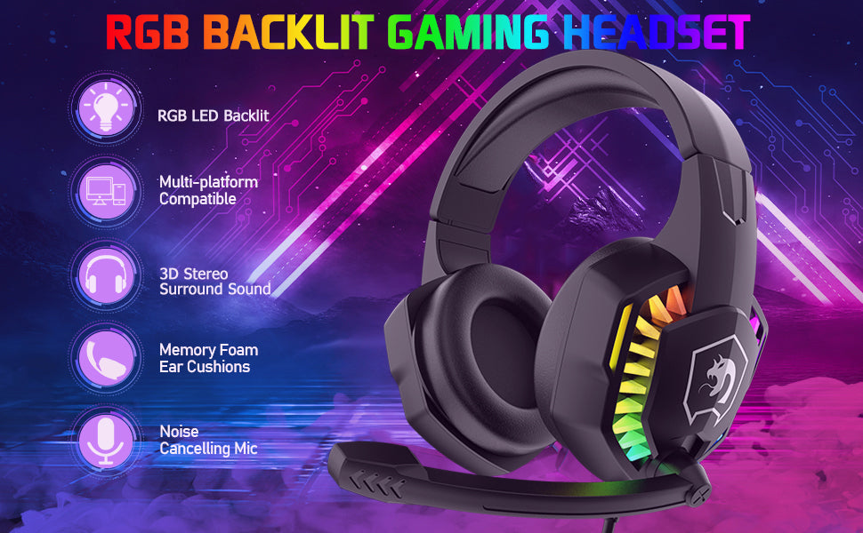 MAMBASNAKE CY907 RGB Gaming Headset, 5.1 Channel Stereo Surround Sound, 3.5mm Wired LED Over-Ear Comfort Headphone