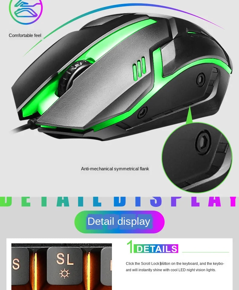 USB Wired Gaming Keyboard Mouse Set PC Rainbow Colorful LED Backlit  Gamer Gaming Mouse and Keyboard Combos Kit Home Office
