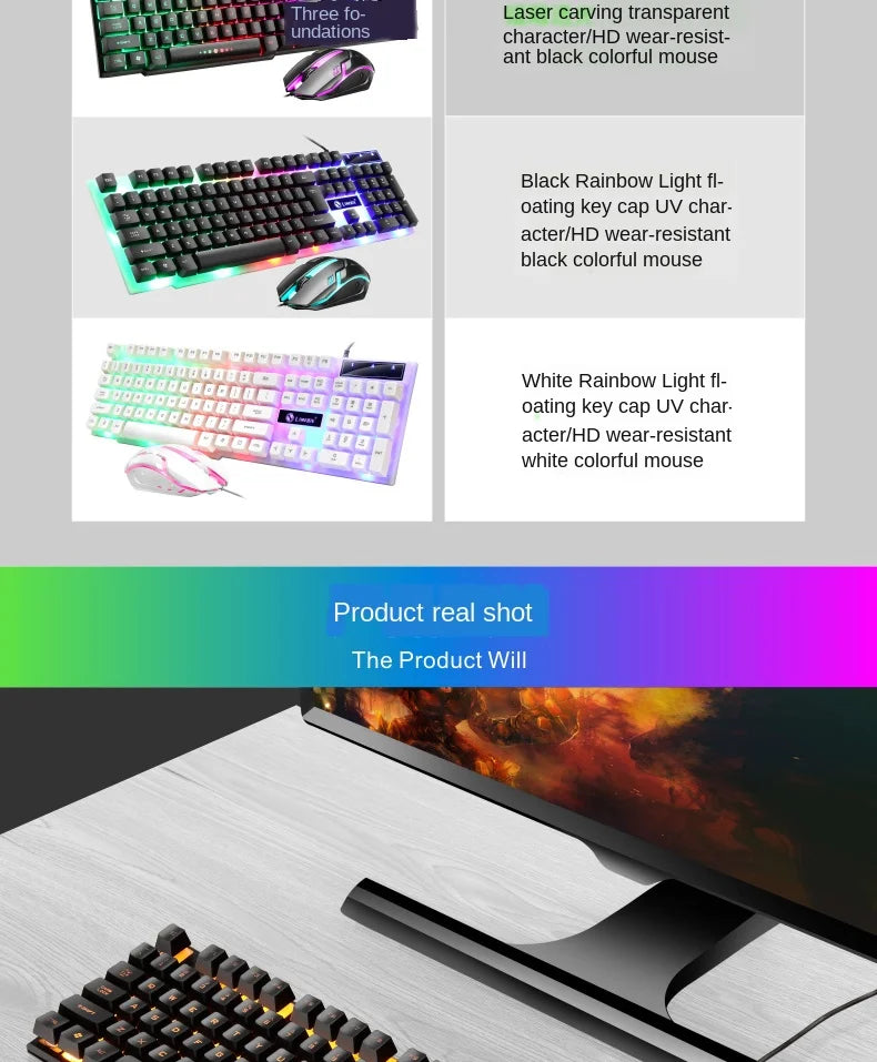 USB Wired Gaming Keyboard Mouse Set PC Rainbow Colorful LED Backlit  Gamer Gaming Mouse and Keyboard Combos Kit Home Office