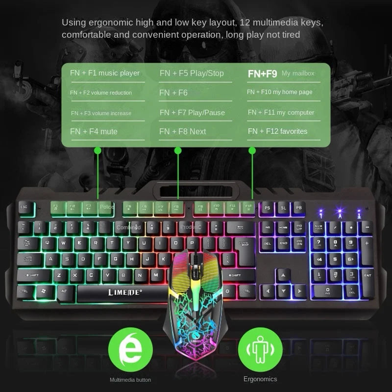 Metal Wired Keyboard Mouse Set 104 Keys USB Game Imitation Mechanical Tactile Backlit Luminous Keyboards Computer Accessories