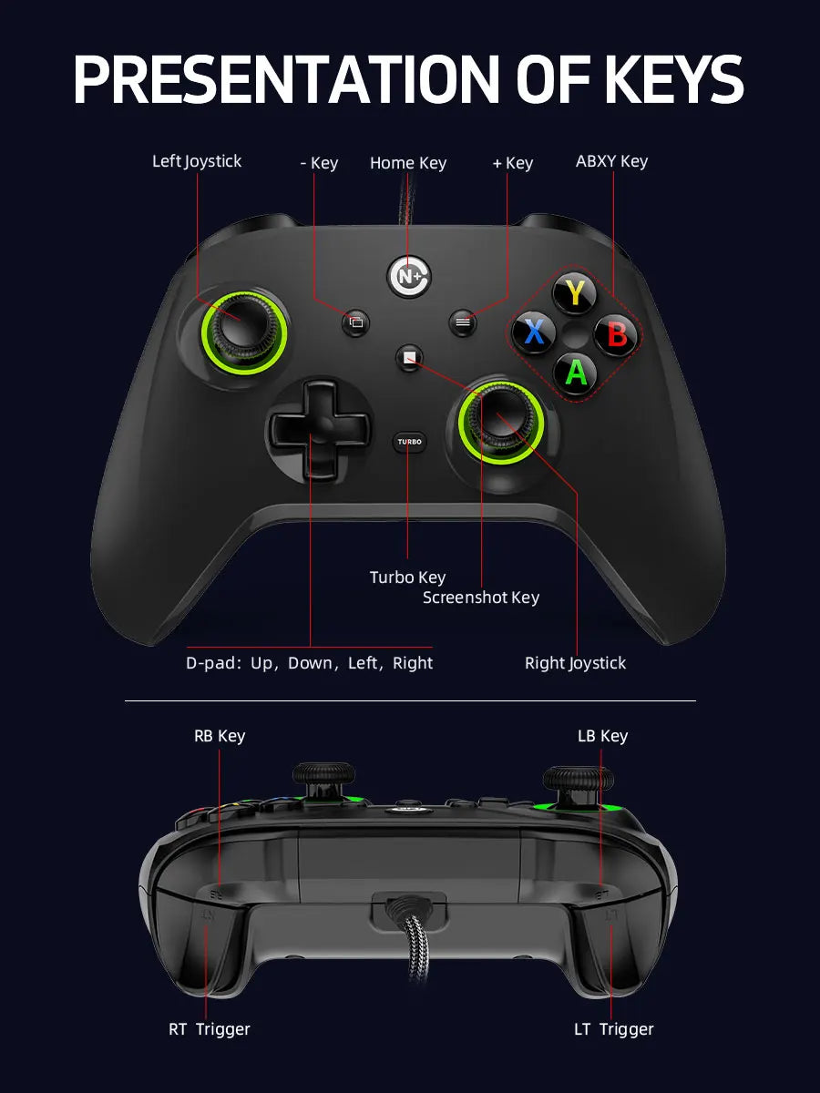 NE N5 Pro Wired Controller for PC Nintendo Switch Laptop Turbo Vibration LED Light 2.3m/7.5ft Cable 500Hz Gamepad RGB Joystick