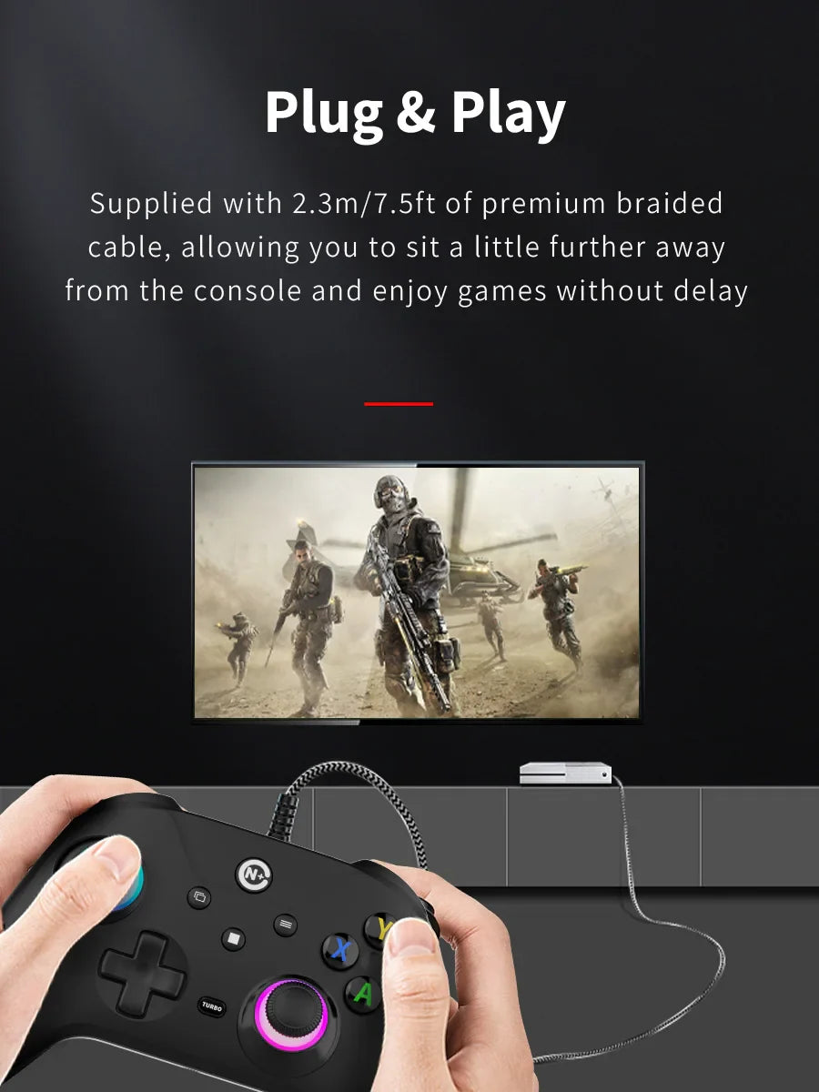NE N5 Pro Wired Controller for PC Nintendo Switch Laptop Turbo Vibration LED Light 2.3m/7.5ft Cable 500Hz Gamepad RGB Joystick