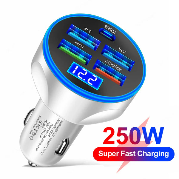 5 Ports USB Car Charger Type C Fast Charging 250W PD QC3.0 Super Charger Adapter in Car for iPhone Samsung for Huawei Xiaomi