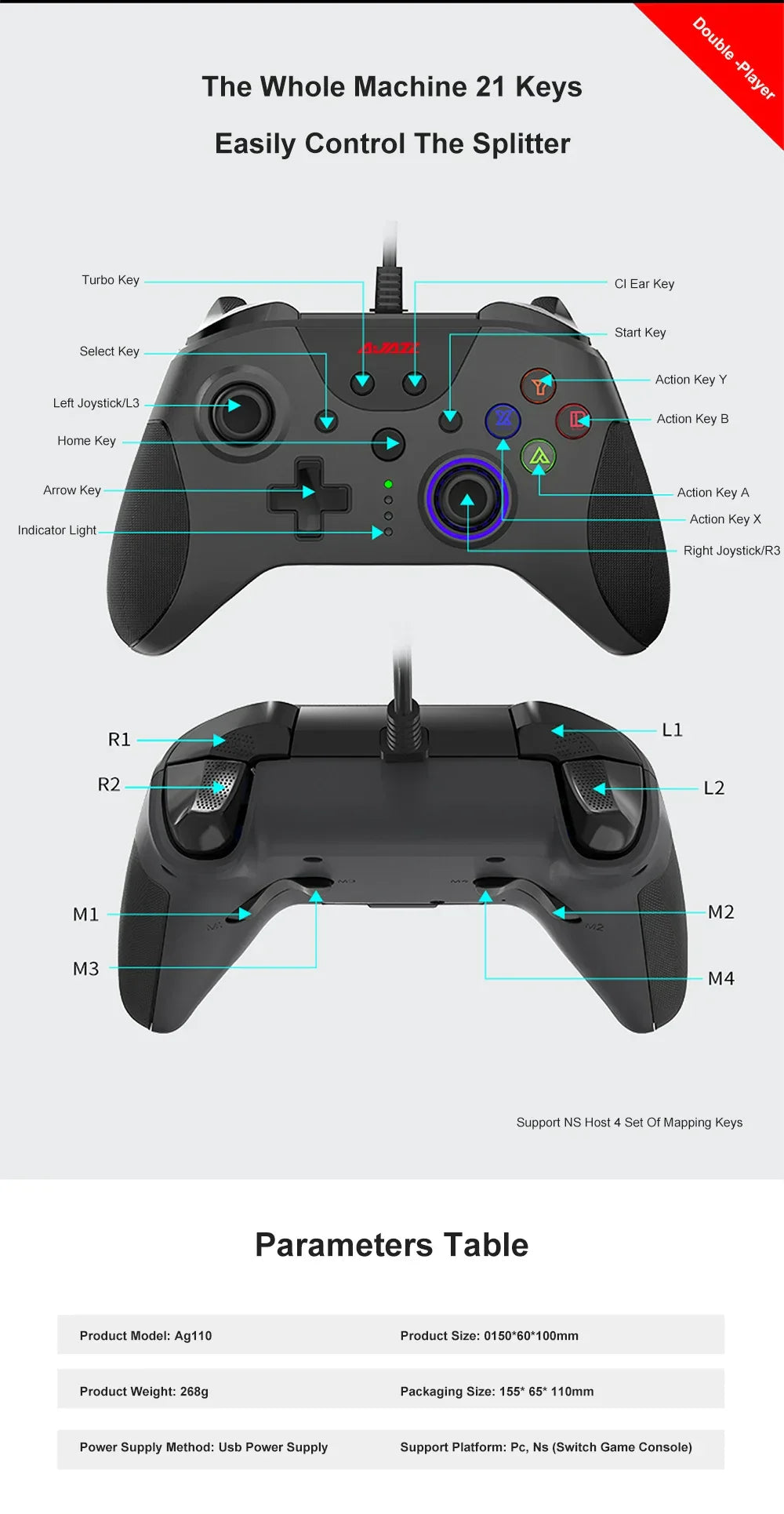 AJAZZ AG110 USB Wired Controller PC Cellphone Joypad Gamepad Console Wired ForGame Joystick
