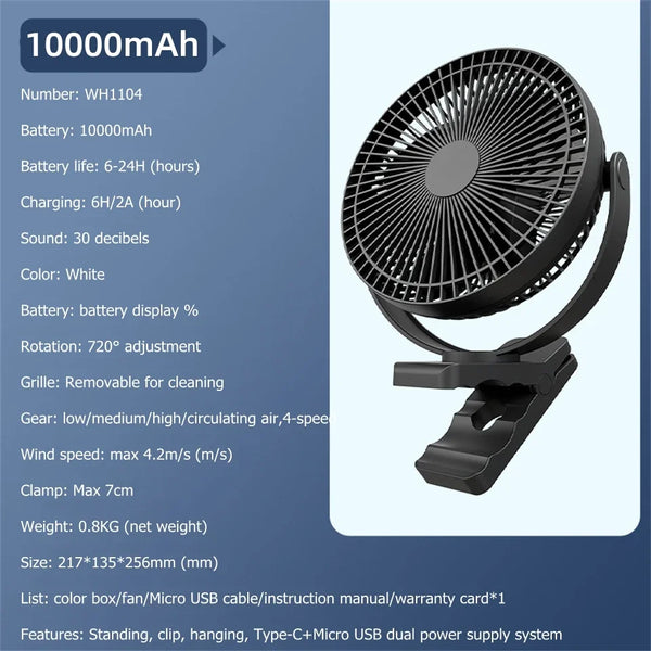 USB Charging Home Room Table Wireless Electric Fan 10000mAh Battery Outdoor Travel Portable Clip Ceiling Fan 4 Speed Adjusted