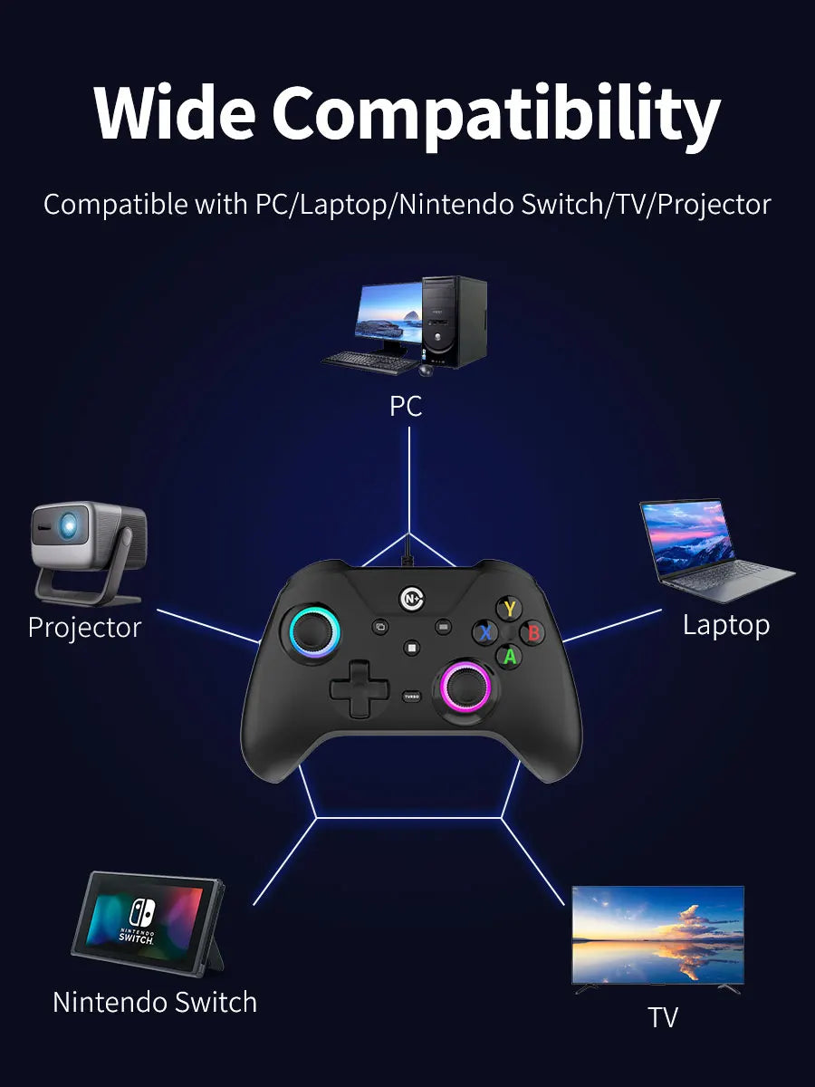 NE N5 Pro Wired Controller for PC Nintendo Switch Laptop Turbo Vibration LED Light 2.3m/7.5ft Cable 500Hz Gamepad RGB Joystick