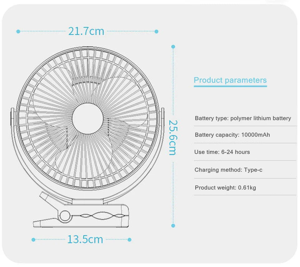 USB Charging Home Room Table Wireless Electric Fan 10000mAh Battery Outdoor Travel Portable Clip Ceiling Fan 4 Speed Adjusted