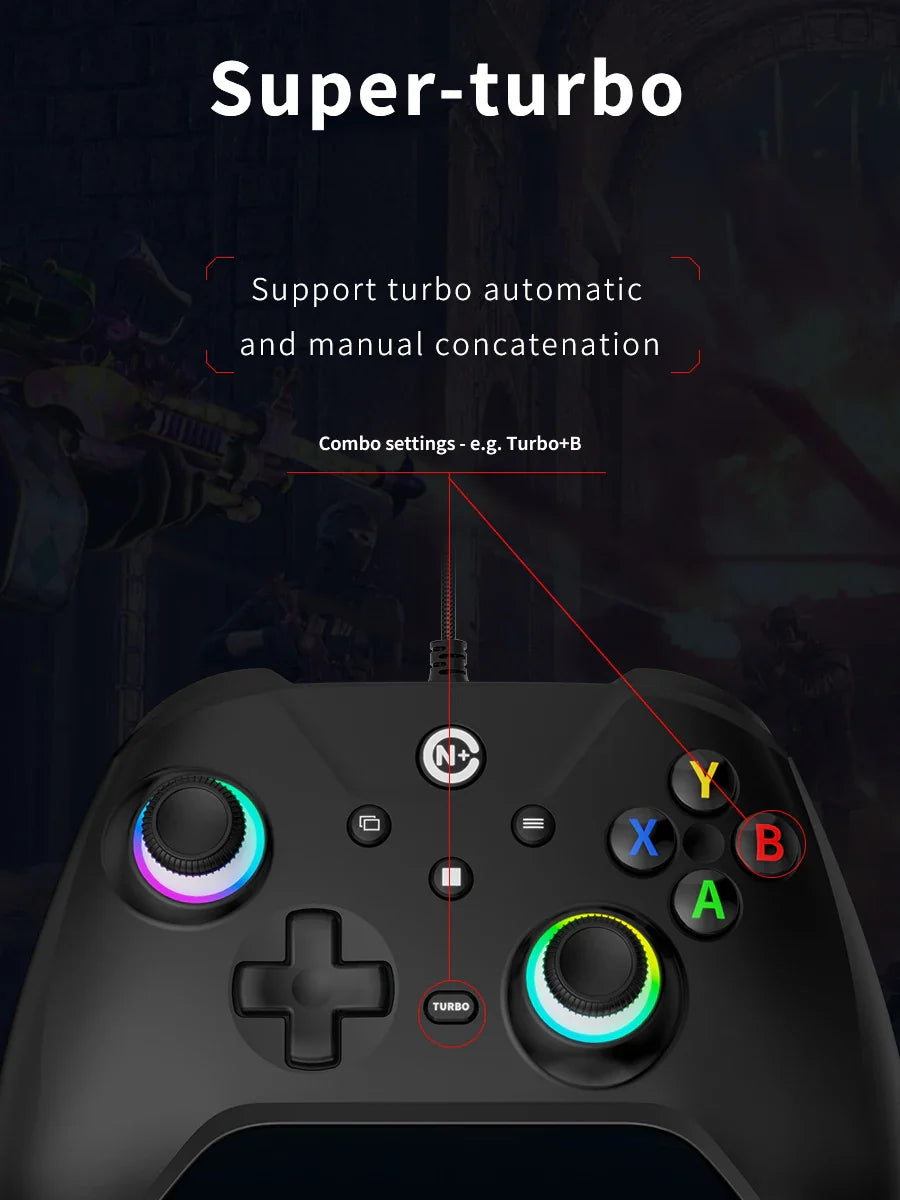 NE N5 Pro Wired Controller for PC Nintendo Switch Laptop Turbo Vibration LED Light 2.3m/7.5ft Cable 500Hz Gamepad RGB Joystick