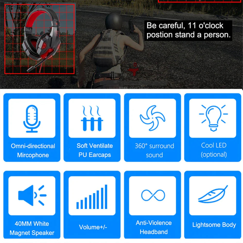 LED Light Wired Gaming Headphones With Microphone Noise-cancelling Gamer Headset for PC Computer Laptop PS4 PS5 Xbox