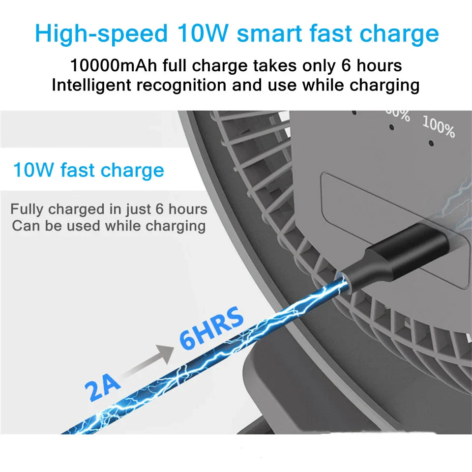 USB Charging Home Room Table Wireless Electric Fan 10000mAh Battery Outdoor Travel Portable Clip Ceiling Fan 4 Speed Adjusted