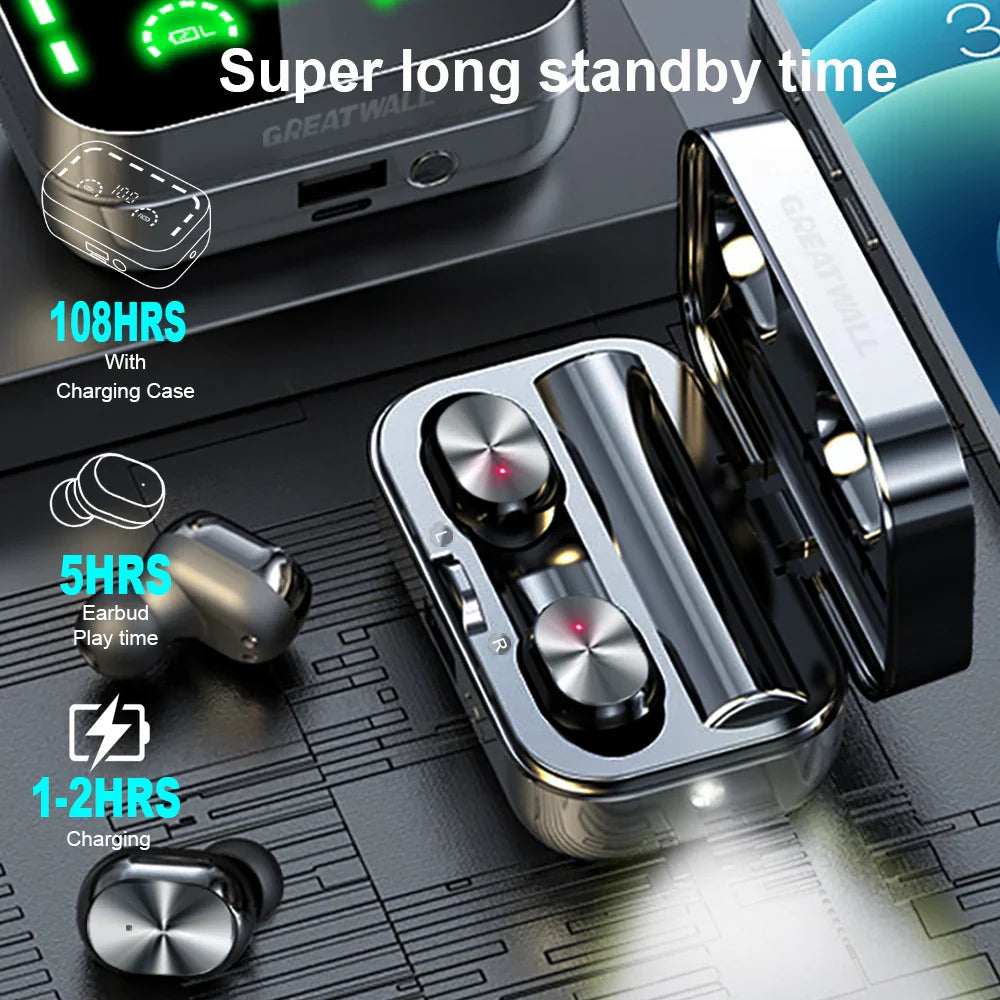 TWS Wireless Earphones Dazzle Cool Digital Display Headsets Sports Gaming Headphones HiFi HD Stereo Earbuds With LED flashlight