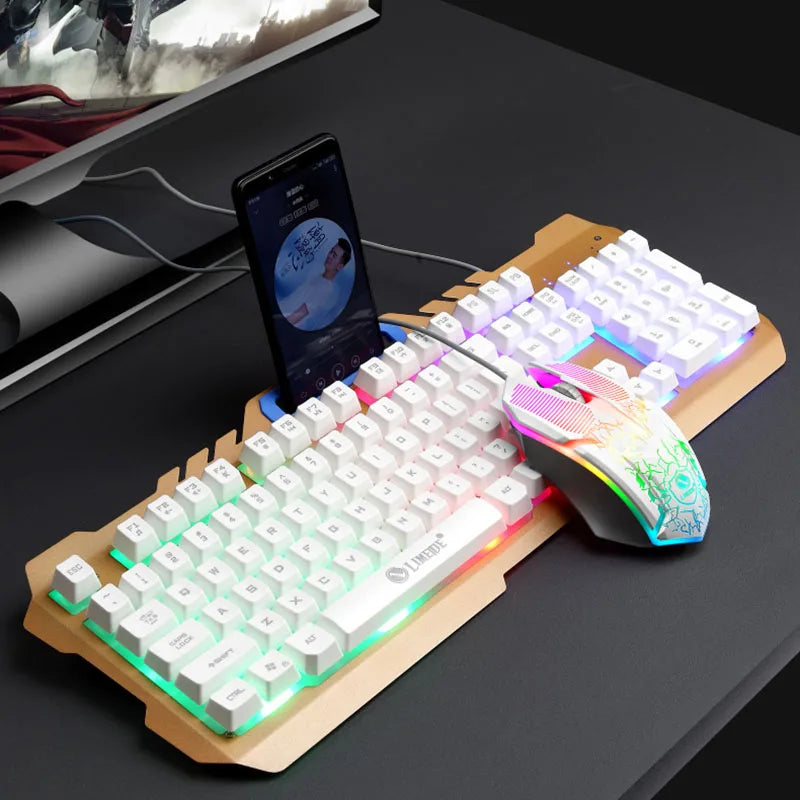 Metal Wired Keyboard Mouse Set 104 Keys USB Game Imitation Mechanical Tactile Backlit Luminous Keyboards Computer Accessories